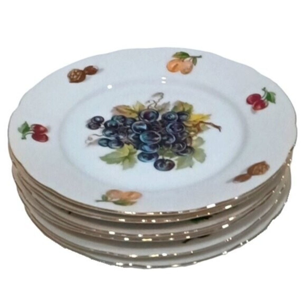 Vintage MZ Czechoslovakia Salad Plates Fruit Decor Gold Rims Porcelain Set of 6